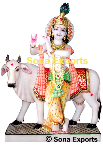 Sculpture Marble Krishna With Cow Murti