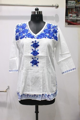White And Blue 12 Panel Embroidered Kurti