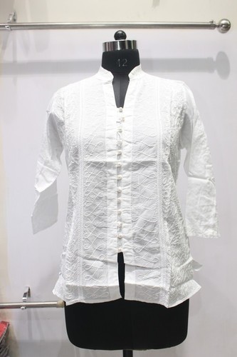 Embroidered 100% Cotton Button White Kurti