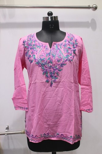 Kurti - Cotton, Size M/S/XL, Pink Color | Embroidered, Full Sleeves, Summer Formal Wear