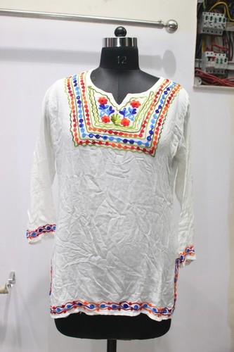 White Embroidery Rayon Kurti