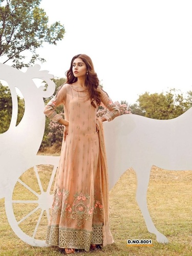 Georgette Peach Embroidered Long Suit Supplier In Delhi