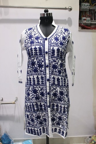 Ladies Kurti - Cotton, M/L/XL Sizes | Embroidered Design, Full Sleeves, White and Blue, All Season