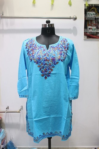 Embroidered 100% Cotton Printed Blue Kurti