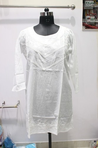 Embroidered 100% Cotton Plain White Ladies Kurti