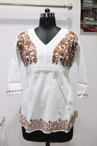 Cotton Brown Embriodery White Kurti Ladies Top