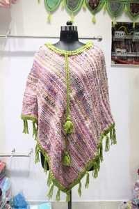 Pink And Green Woolen Ladies Poncho