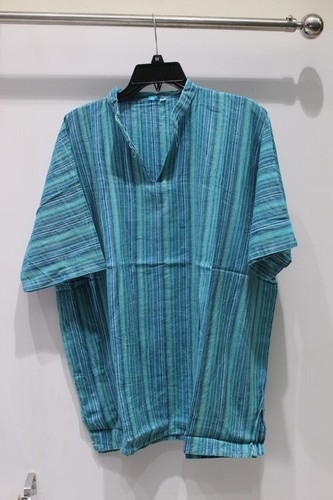 Blue Half Sleeves 100% Cotton Stripes Mens Kurta