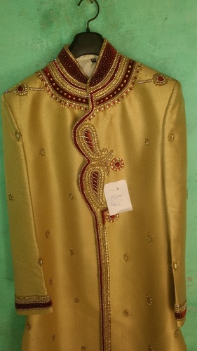 Golden & maroon collar work sherwani