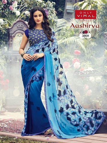 Digital Printed Saree - Georgette Fabric, Blue Color | Fancy Style with Ribbons Closure for All Seasons