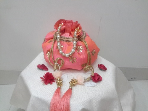 Peach Gota Potli Pearl Hangings