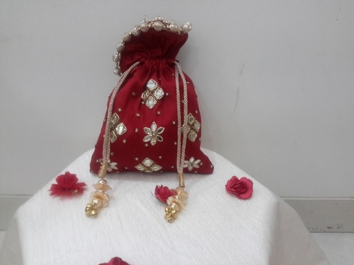Red Mirror Potli - 7x8 Inch Round Design | Stylish Red Reflective Material for Part Wear