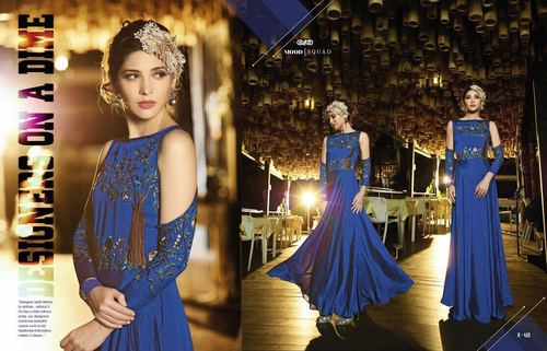 Silk Satin Full Flair Evening Gown - Embroidered Blue Design, Off-Shoulder Long Sleeves, Crepe Lining Available in S, M, L, XL & XXL