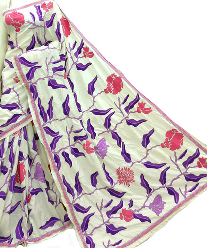 Off White Pure Silk Hand Embroidered Kantha Saree