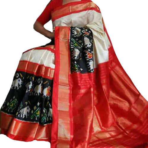 Embroidered Off White Handloom Ikat Pure Silk Saree