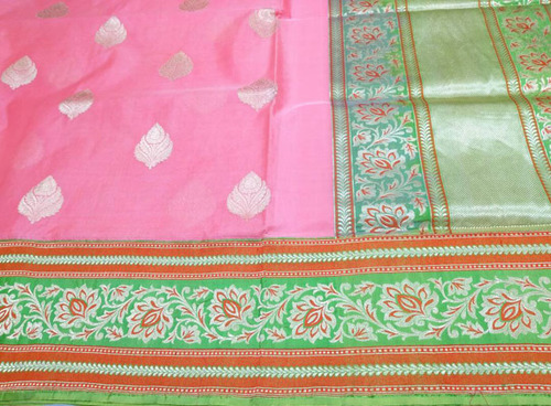 Woven Pink Handloom Banarasi Kora Silk Saree