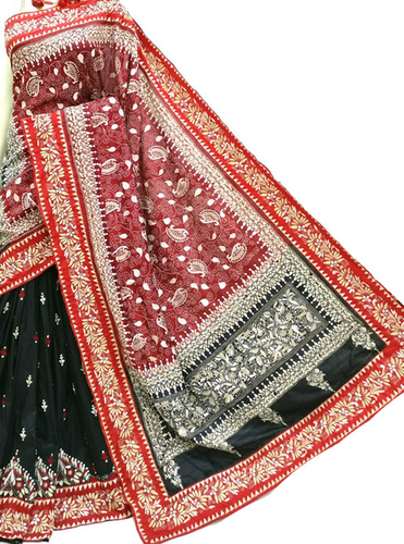 Spring Black Pure Silk Hand Embroidered Kantha Saree