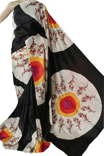 Black Hand Block Printed Murshidabad Silk Saree