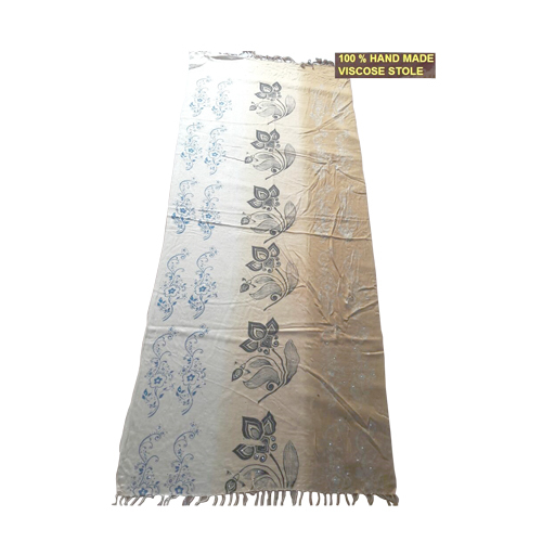 100 Percent Hand Made Viscose Stole - Viscose, 70x20 Inch, Beige | Soft Texture, Floral Design, Fringe, Elegant Style