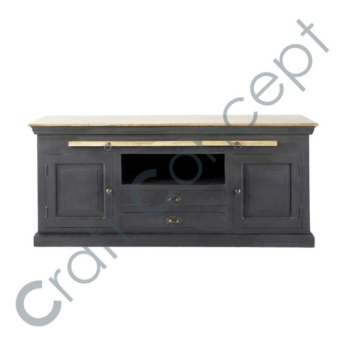Black Mango Wood TV Cabinet - Eco-Friendly, Charcoal Gray Finish with Brass Fittings, Ample Storage for Living Room