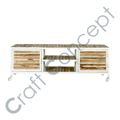 Metal and Wood TV Cabinet - 2 Doors, 2 Central Niches, White Finish | Eco-Friendly Design, Mobile Casters, Cable Management Holes