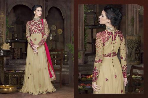 Beautiful Designer Anarkali Type Matka Silk Suits - Matka Silk, Georgette Sleeves, Santoon Bottom, Naznin Chiffon Dupatta, Siqwans Embroidery, Stone Work, Up to 55 Length, Up to 46 Size, Vibrant Colors, Graceful Look