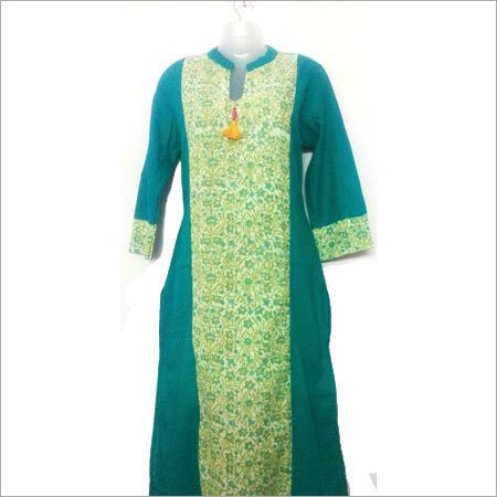 Green And Sky Blue Ladies Cotton Kurti