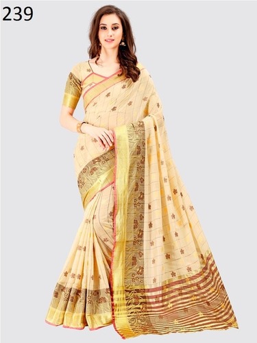Crem Cotton Saree - Cotton, 5.5m Length, Beige | Soft Cotton, Elegant Design, Jaquard Work, 0.8m Blouse