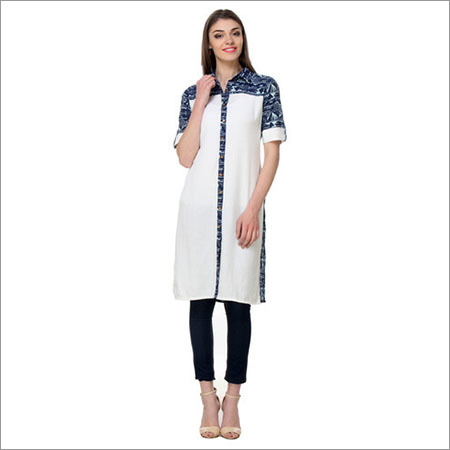 Printed Tunic Kurti - Cotton, Short Sleeve, Ivory White | Stylish Printed Pattern, Anti-Wrinkle, Washable, Ethnic Daily Wear