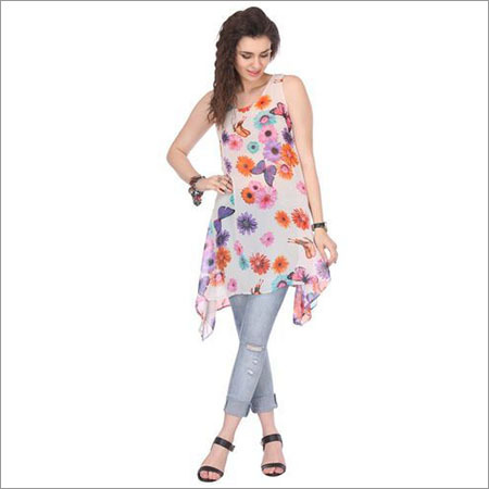 White Fancy Top - Georgette Material, Sleeveless Design, Printed Pattern | Anti-Wrinkle, Non-Toxic, Washable, Ideal for Spring and Summer