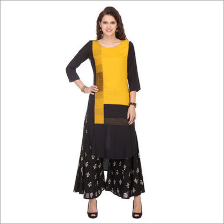 Black & Yellow Cotton Flex Kurti- Palazzos Combo