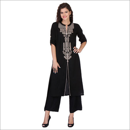 Black Embroidered Rayon Kurtis- Palazzo Set