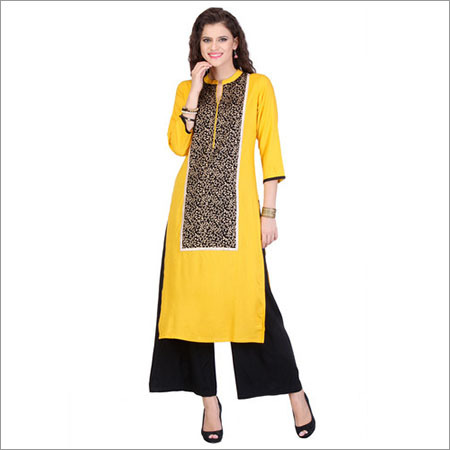 Yellow Combination Kurti - Palazzo Set Decoration Material: Stones