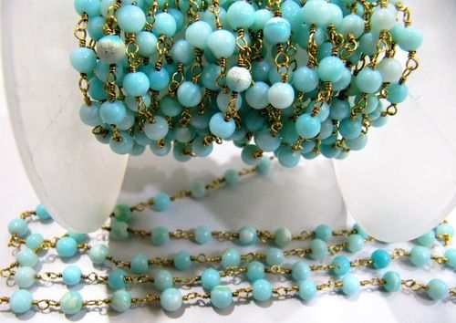 Natural Blue Opal Round 3-4mm Plain Rosary Chain Sold per foot