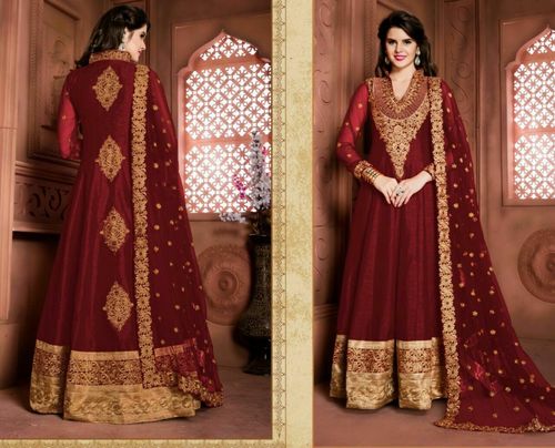 RAW SILK LONG ANARKALI WORK SUITS FOR WOMEN