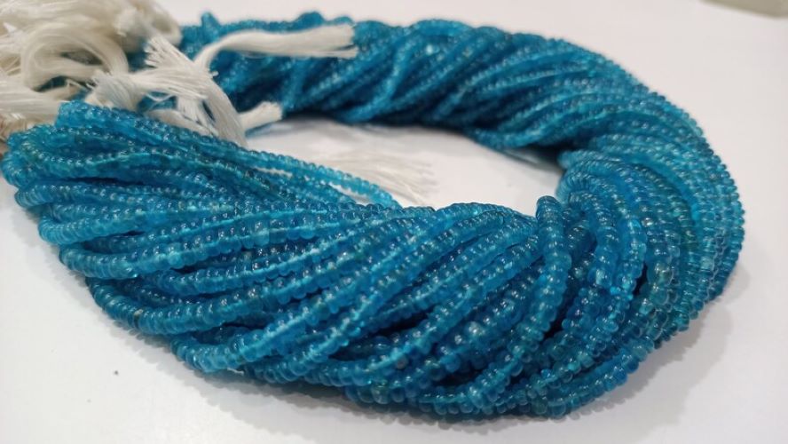 Natural Genuine Neon Apatite Rondelle Plain Smooth 3-4mm Beads, Blue Color Beads Strand 13 Inches Long 