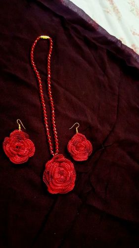 Handmade Flower Pattern Red Fabric Earring With Necklace Gender: Women