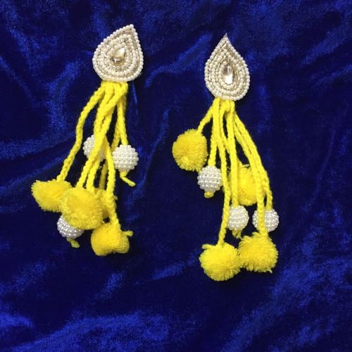 Handmade Pom Pom Yellow Earring With Beads Work Gender: Women