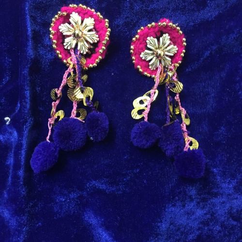 Handmade Pom Pom Pink And Blue Fabric Earring Gender: Women