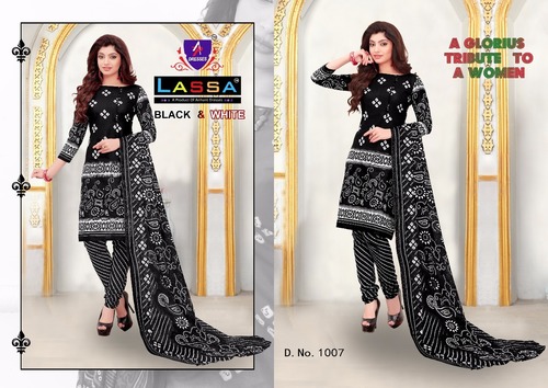 COTTON PRINTED DRESS MATERIALS LASSA BLACK AND WHITE