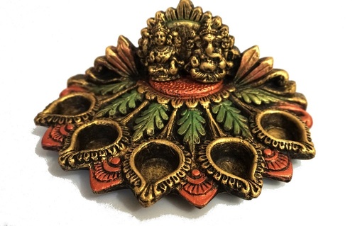 Ganesh Laxmi 5 Diya Aarti - Terracotta Antique Finish Orange Color | Eco-friendly Durable Home Decor & Pooja Item with Five Diyas