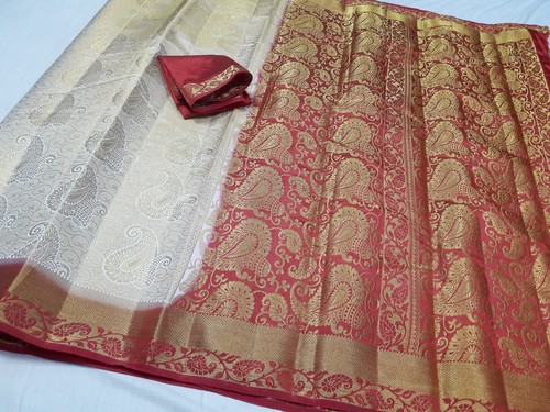 Kanchiuram Art Silk Brocket Contrast Saree - 6.20mts Length, Half White & Maroon Color | Zari Work, Woven Pattern, Kanchipuram Style