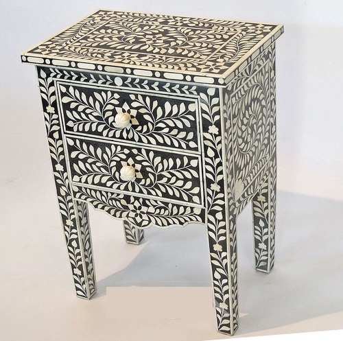 Floral Bone Inlay Bedside Table With 2 Drawers