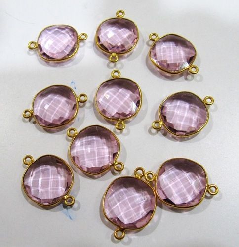 3 Pcs Set Pink Hydro Quartz Cushion Shape 15-16mm Double Loop Bezel Connectors