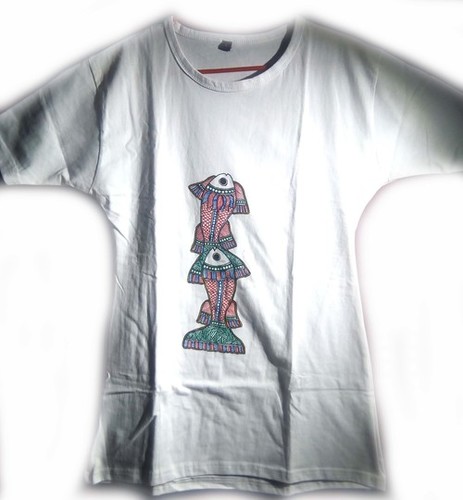 Madhubani Fish Painting T-Shirt - Cotton Medium Size, Handmade Summer Wear with Beautiful Fish Artwork
