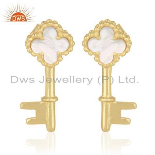 Mother of Pearl Gold Plated Clover Key Earrings