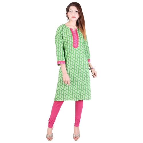 Ethnic Cotton Kurti - 3/4 Sleeve, Green Printed | Casual & Formal Wear, Hand/Machine Washable, Sizes S-XXL, Elegant Simplicity