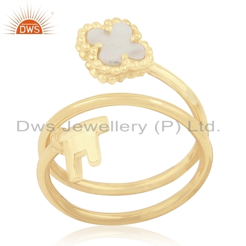 Mother of Pearl Gold Plated Clover Band Ring