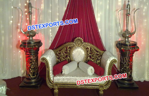 Royal Indian Wedding Sofa - Wood, 2-4 Seater, Gold | Elegant Design, Intricate Carving, Antique Style, Smooth Texture, Perfect Finish