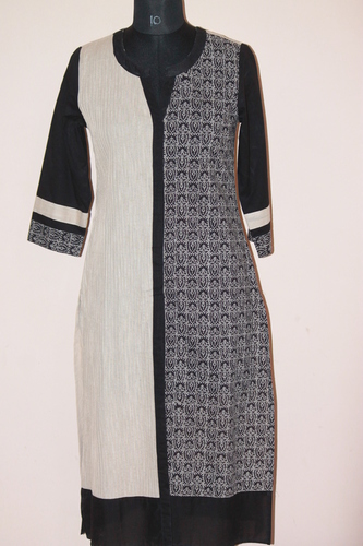 Black Kurti - Cotton Silk, Length 1016-1219.2 mm, Shoulder 381 mm | Features: Printed Pattern, Long Sleeve, Washable, Quick Dry